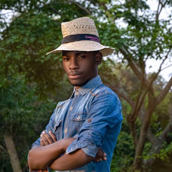Portrait of a confident man in a denim shirt and straw hat, set against an outdoor backdrop.